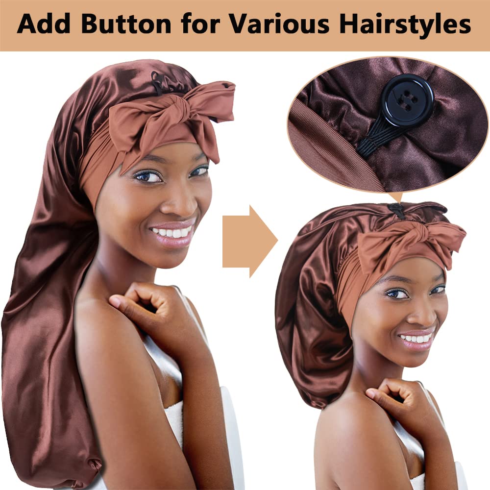2pcs Long Satin Bonnets with Tie Band, Large Braid Bonnet Silky Hair Cap for Locs Women Sleeping, E