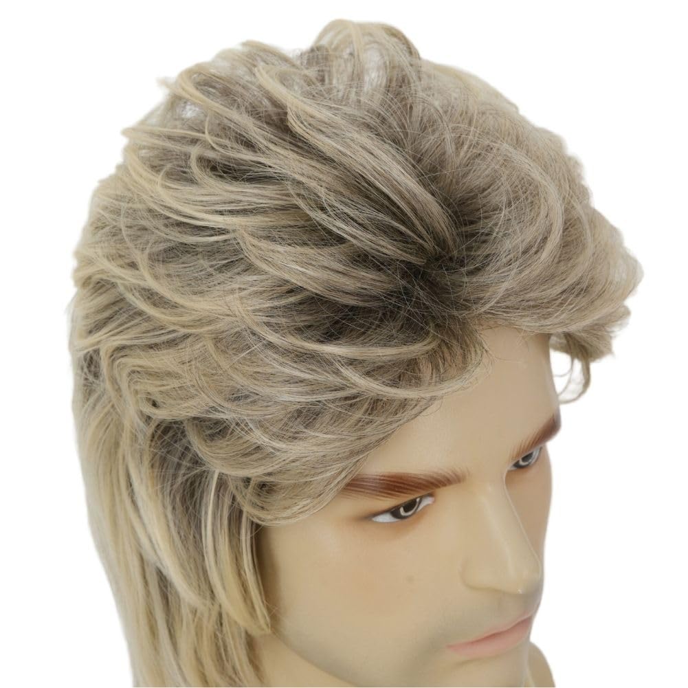 Swiking Mens Mullet Wig Blonde and Dark Foot Retro 70s 80s Disco Rocker Curly Punk Fancy Party Halloween Cosplay Costume Full Wigs (Black and Blonde)