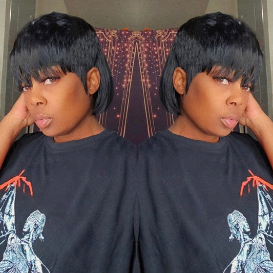 QiaQiaRing Mullet Human Hair Wigs for Black Women Mullet Short Layered Pixie Cut Bob Wigs With Bangs 8inch Natural Black Color Chic Elegent Glueless Brazilian Virgin Straight Human Hair