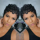 QiaQiaRing Pixie Cut Wigs for Black Women Brazilian Virgin Curly Wave Human Hair Glueless Short Layered Pixie Cut Curly Wigs With Bangs Natural Black Color for Daily Use
