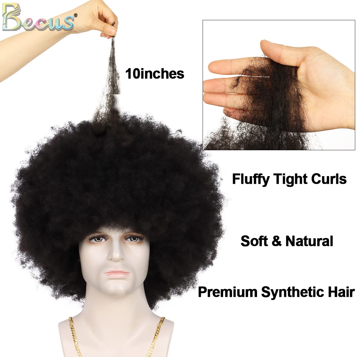 BECUS Afro Wig Men 70s 80s Black Hair Wig Fluffy Large Afro Wigs for Black Men Halloween Cosplay Disco Rocker Costume Wigs Fancy Funny for Party