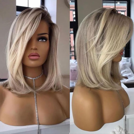 Byluxurious Highlight Ash Blonde Wig Human Hair Pre Plucked Breathable Balayage Ombre Brown Blonde Straight Short Bob Wigs 13x4 UHD Lace Front Wig Remy Real Human Hair for Woman 12Inch 180% Density