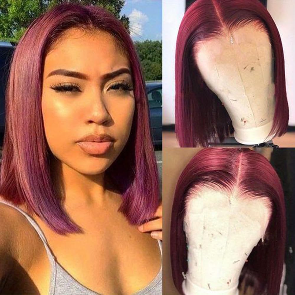 Hoscod 99J Burgundy Bob Wigs Human Hair 12inch 99J Straight Brazilian Hair 13x4 HD Transparent Lace Bob Wig Human Hair 180 Density Lace Front Wig for Women Short Bob Wig Pre Plucked With Baby Hair