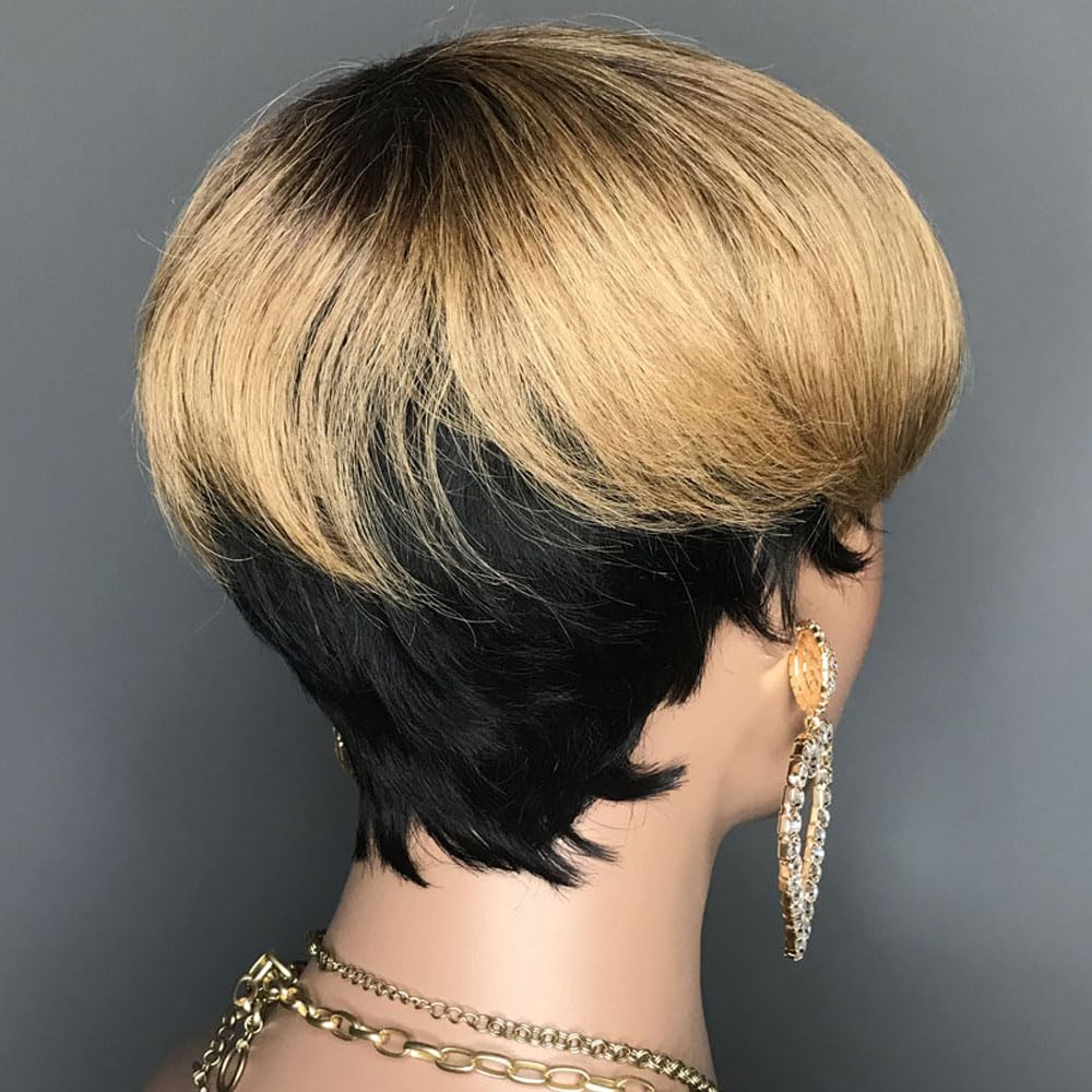 HOTKIS Pixie Cut Wig Human Hair Short Human Hair Wigs for Black Women Blonde 1b/27 Short Wigs Human Hair Short Natural Hair Wigs Pixie Wig with Bang Ombra 27