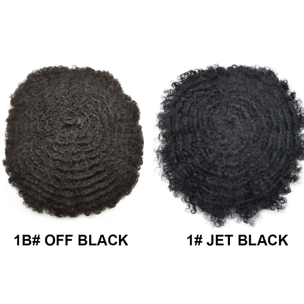 Man Weave Hair Unit for Black Men Curly Afro Brazilian Hair Replacement System Wig for American African Black Men Full Poly Skin All PU Injected Wave Hairpiece (1B# Off Black, 6MM Afro Wave)