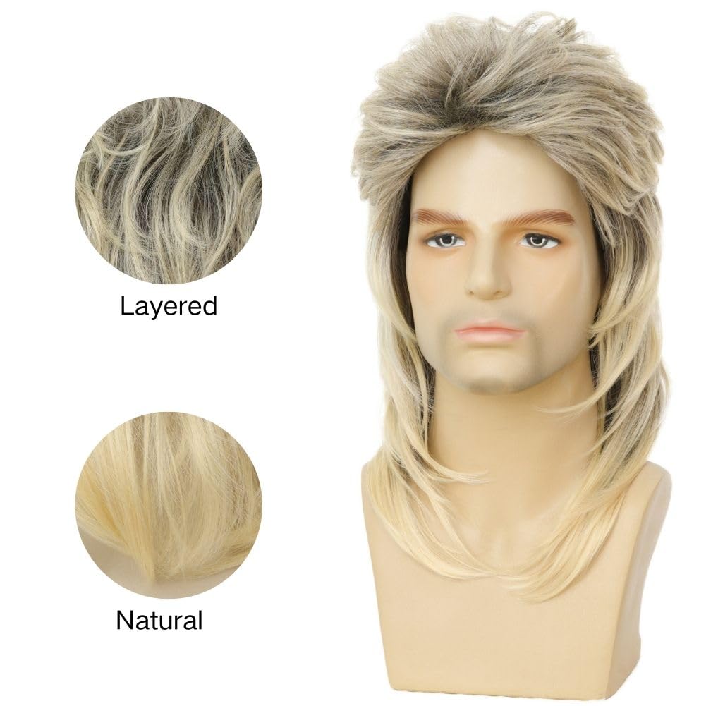 Swiking Mens Mullet Wig Blonde and Dark Foot Retro 70s 80s Disco Rocker Curly Punk Fancy Party Halloween Cosplay Costume Full Wigs (Black and Blonde)
