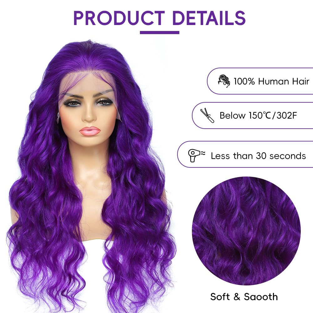 Purple wig Human Hair Body Wave Human Hair Wig Pre Plucked 200 Densily Purple Lace Front Wig Human Hair 13x4 HD Lace Frontal wig 32 Inch