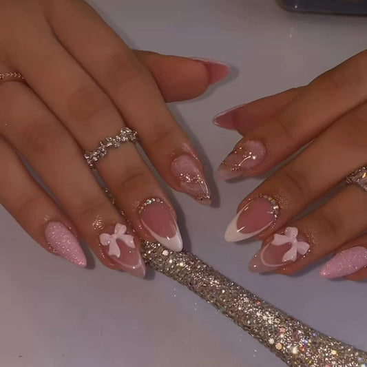 Almond Press on Nails Short White French Tip Press on Fake Nails with 3D Bow Charms Rhinestone Glitter Pink Acrylic Full Cover Gel False Nail Kit Almond Shape Glue on Stick on Nails for Women 24PCS
