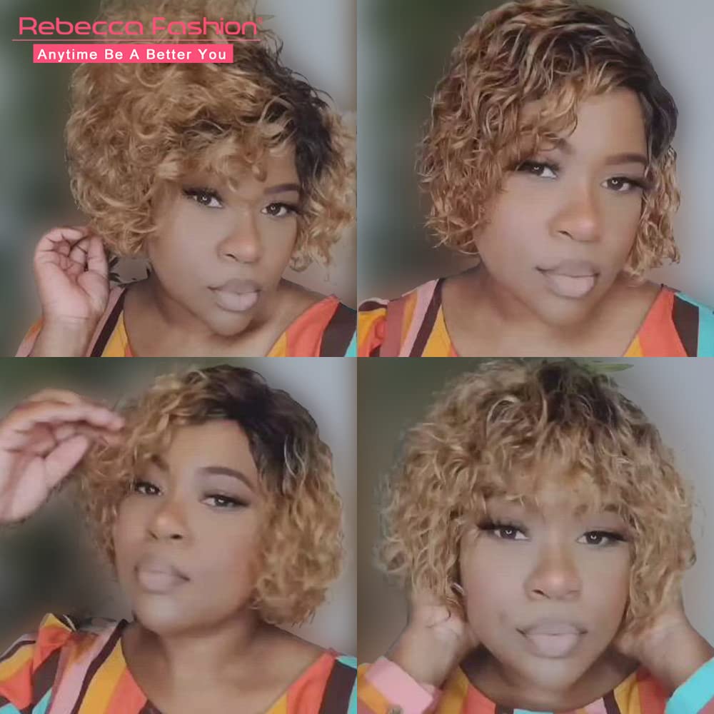Rebecca Fashion Short Curly Human Hair Wigs for Black Women Cute Curly Bob Wig Side Part Brazilian Remy Non Lace Glueless Wigs Natural Looking Ombre Dark Brown to Honey Blonde Color