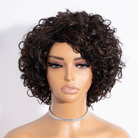 Rebecca Fashion Short Curly Human Hair Wigs for Black Women Side Part Cute Curly Bob Wig Brazilian Remy Non Lace Glueless Wigs Natural Looking Highlight Brown Black Mix Brown Color
