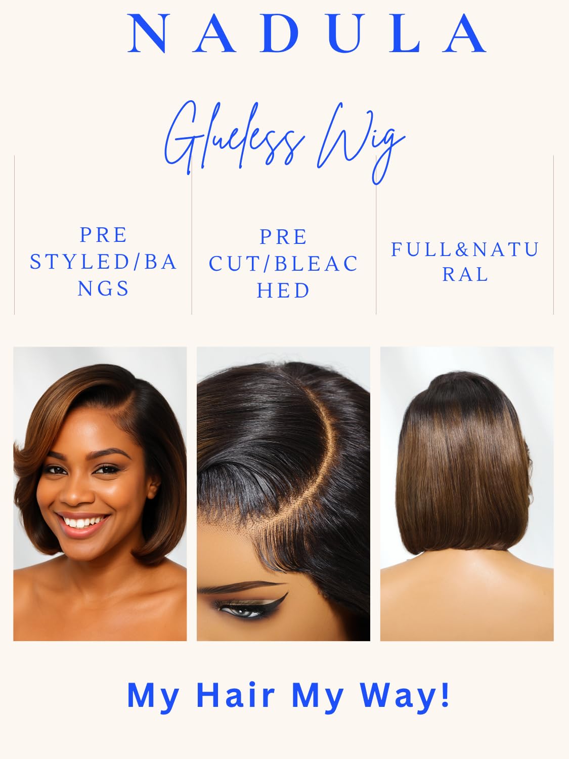 Nadula Glueless Bye Bye Knots Short Bob Drawstring Wig human Hair with Blow Out Bangs, Black to Chestnut Brown Ombre Pre Cut 7X5 HD Lace Front Wigs Pre Plucked Bleached Knots Ready to Wear 10inch