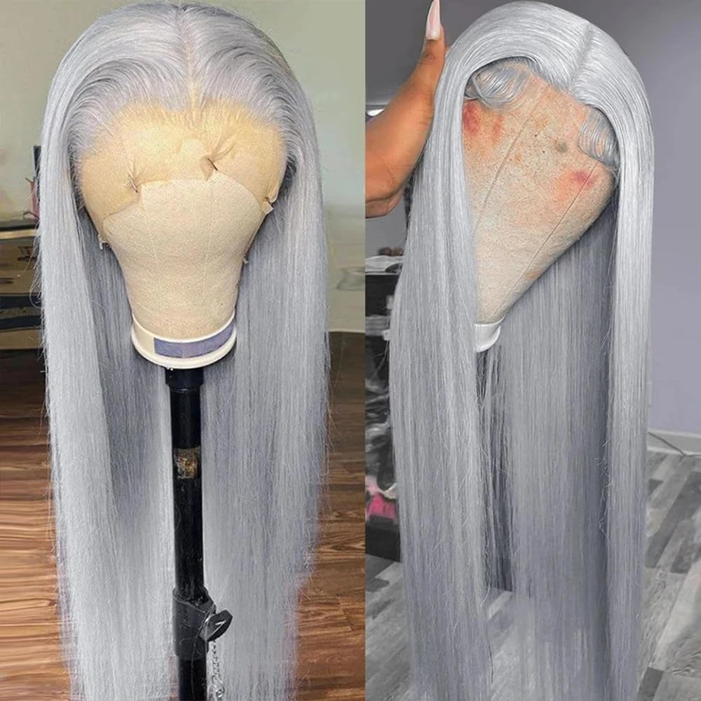 SOSEXY Grey Lace Front Wigs Human Hair 13x4 HD Transparent Straight Lace Frontal Wigs 180% Density Human Hair Wigs for Women Pre Plucked with Baby Hair Gray Wig