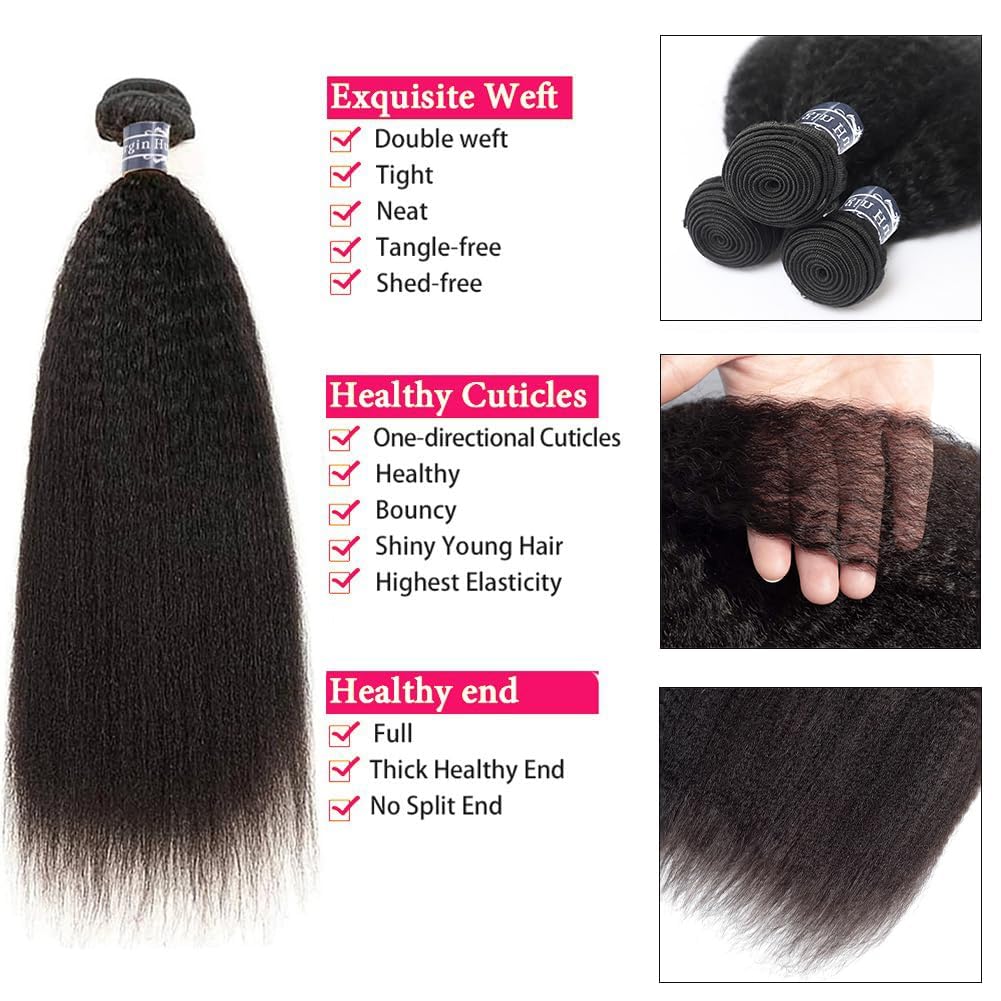 Amella Hair 10A Kinky Straight Hair 1 Bundles Yaki Human Hair Weave Unprocessed Brazilian Virgin Remy Sew in Hair Extensions Natural Black(12inch)