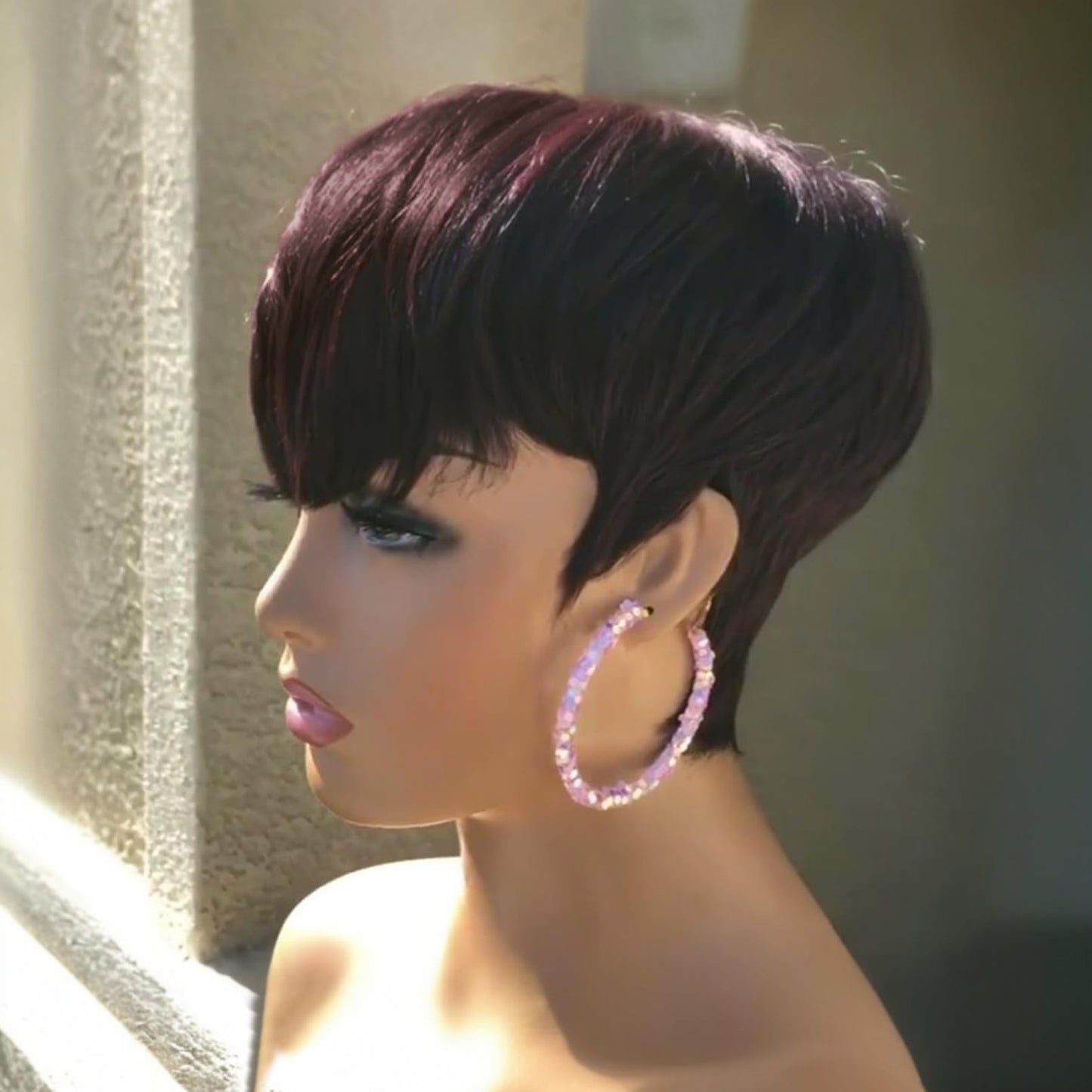 QiaQiaRing Chic Elegent Pixie Cut Wigs for Black Women Black 99J Color for Daily Use Short Layered Pixie Cut Human Hair Wigs With Bangs Brazilian Virgin Straight Human Hair Full Machine Made