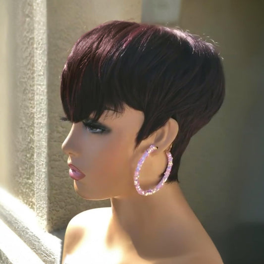 QiaQiaRing Chic Elegent Pixie Cut Wigs for Black Women Black 99J Color for Daily Use Short Layered Pixie Cut Human Hair Wigs With Bangs Brazilian Virgin Straight Human Hair Full Machine Made