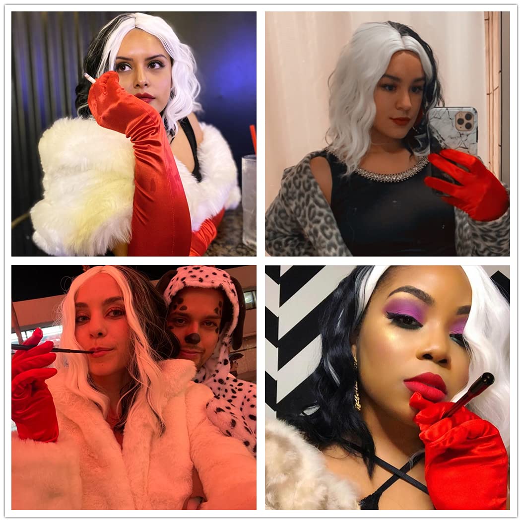 Ruina Half Black White Cruella Deville Wig for Cruella Deville Costume Women Girls Cruella Costume Curly Wavy Wigs for Party Halloween Costume R019BW