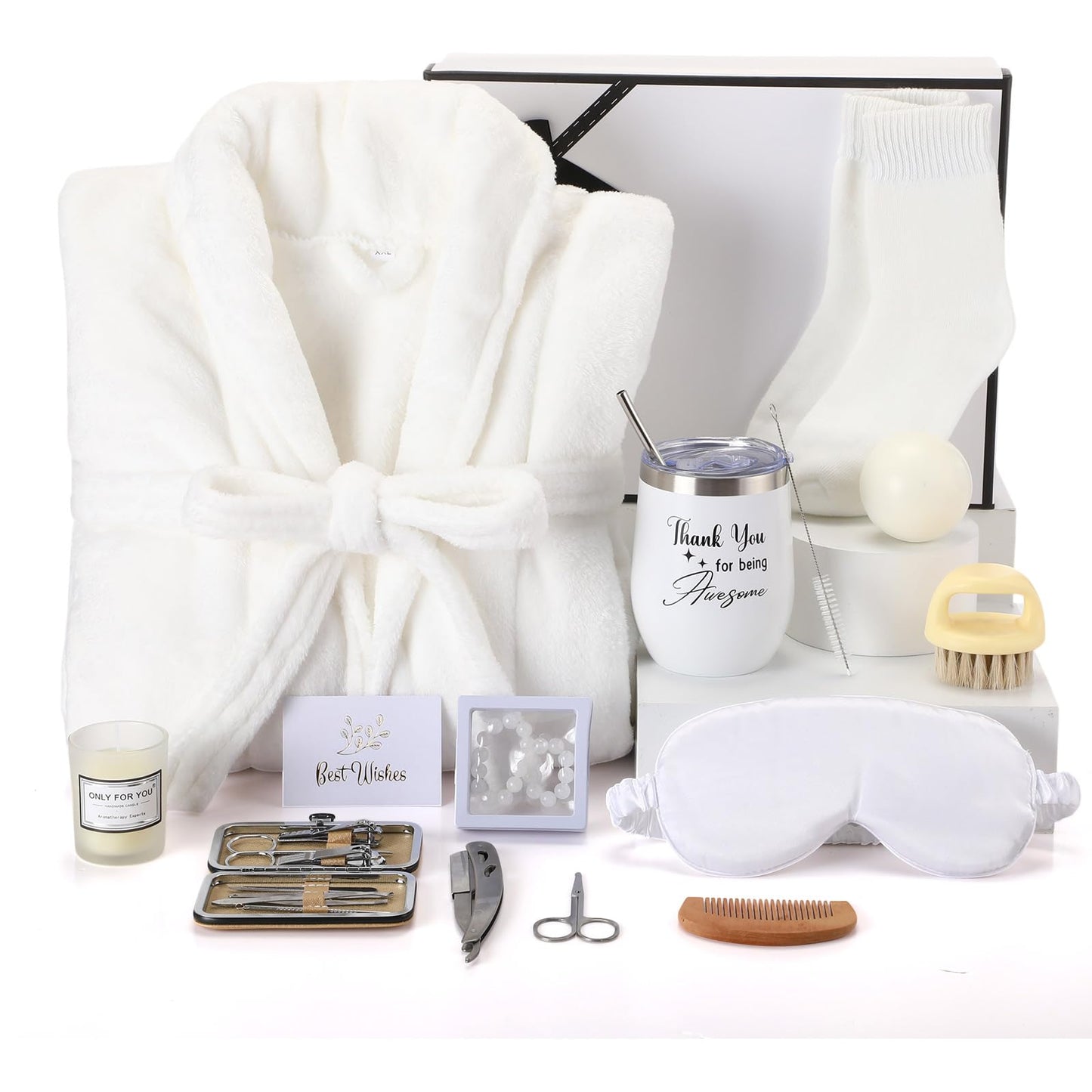 Nuogo 15 Pcs Birthday Gifts for Men Beard Care Set for Him Dad Birthday Gifts Basket Ideas Kit for Men Tumbler Bath Robe for Father's Day Dad Husband Boyfriend Box(Unhooded,White)