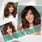 14 Inch Black Mixed Brown Highlights Wigs for Women Short Wavy Curly Wig With Bangs Natural Looking Synthetic Hair Wigs Heat Resistant Fiber Wig for Daily Party (Black Mixed Brown)