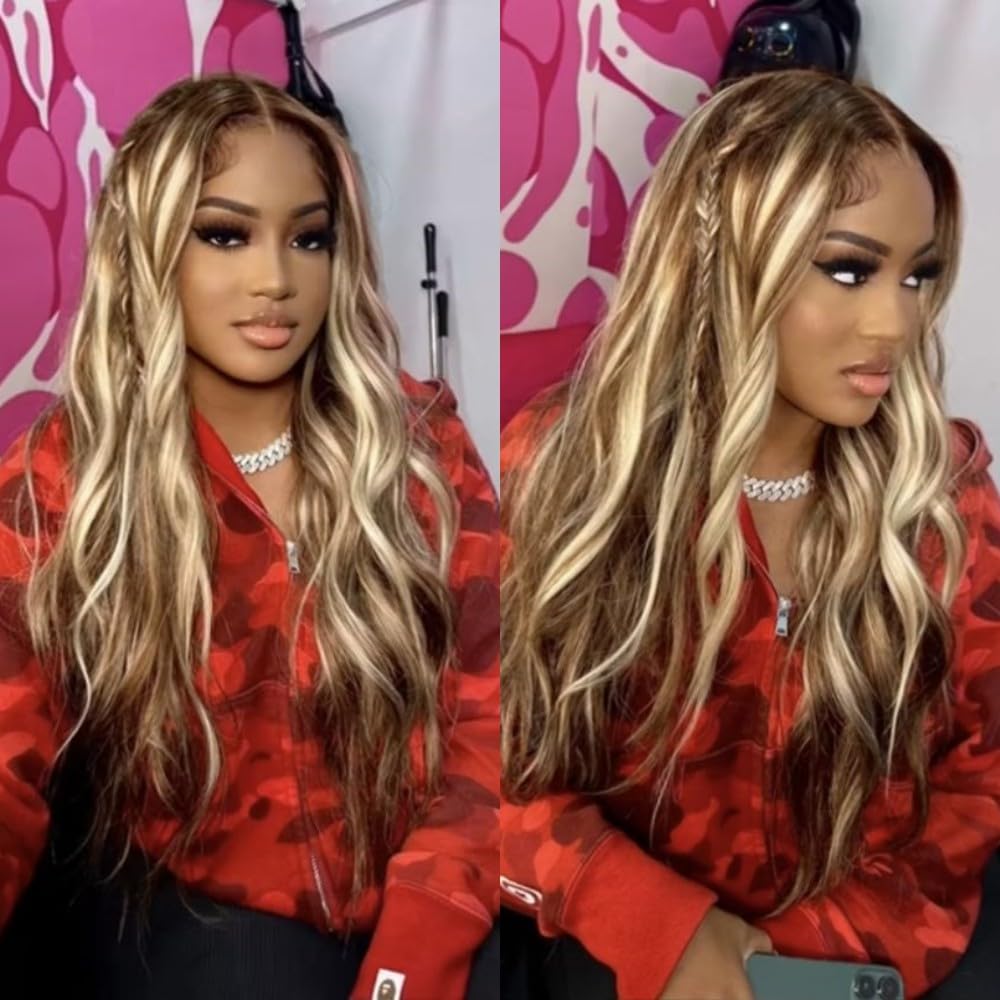 SAPPHIREWIGS 13x4 Lace front Wig Long Blonde with Brown Highlights Wavy for Women Free Part Body Wave Natural Looking Synthetic Heat Resistant Fiber Daily Party Use 26 Inch
