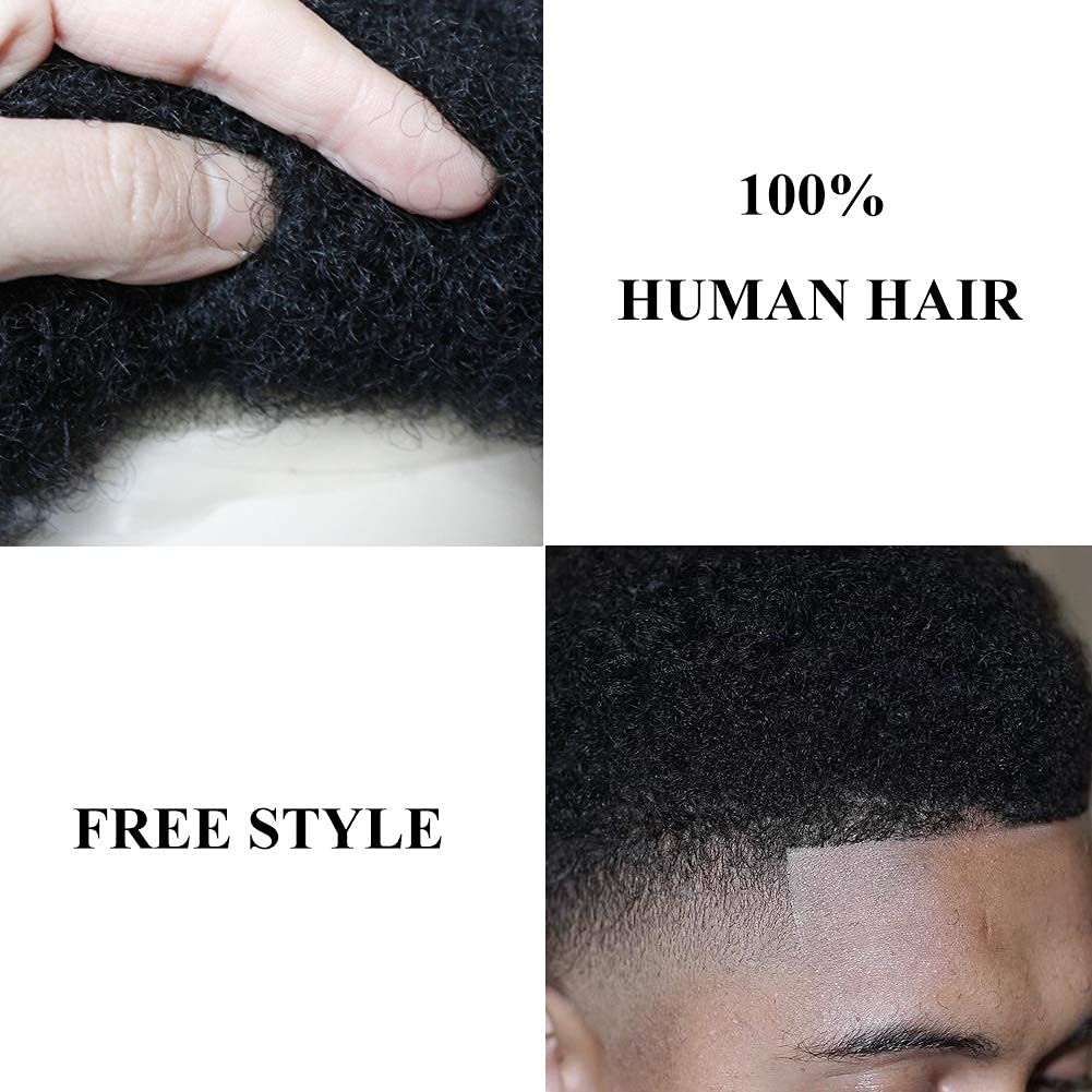lumeng Toupee for men Afro Curl Hairpieces for Black Men Hair Replacement 100% Soft Human Hair Male Unit Transparent Pu Hairpiece 4MM Curly 1# Jet Black 8x10inch