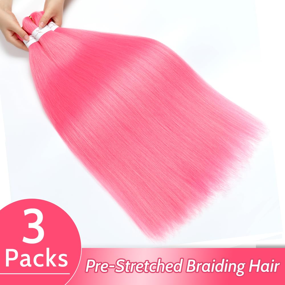 Braiding Hair Pre Stretched 24 inch 3 Packs Braiding Hair Professional Yaki Synthetic Hot Water Setting, Easy To Install Hair for Braiding (24in,Pink)