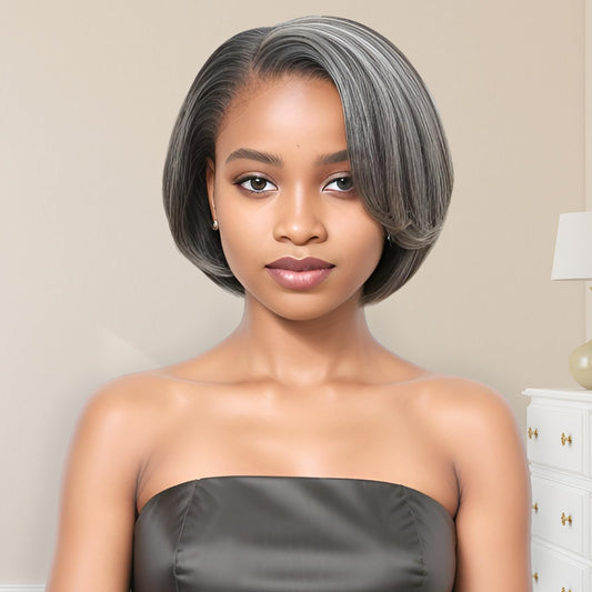HANASCC 8" Glueless Straight Bob Salt and Pepper Wigs Human Hair Pre Plucked Gray Human Hair Wigs Short Pixie Cut Bob Wig Pre Cut 5x5 Closure HD Transparent Grey Lace Front Wigs for Women