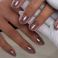 Short Press on Nails Oval Fake Nails Coffee Brown Acrylic Glue on Nails Almond Shape Magic Mirror Gel Acrylic Press on False Nail Kit Full Cover Reusable Stick on Nails for Women Girls 24PCS
