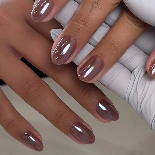 Short Press on Nails Oval Fake Nails Coffee Brown Acrylic Glue on Nails Almond Shape Magic Mirror Gel Acrylic Press on False Nail Kit Full Cover Reusable Stick on Nails for Women Girls 24PCS