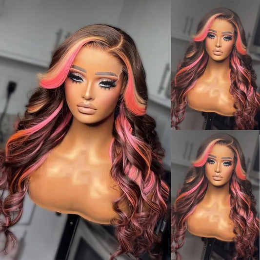 SISIFIRE Highlight Pink Body Wave Lace Front Wigs for Women 13 * 5 * 1 Inch Heat Resistant Fiber Ombre Pink Wavy Wig with Baby Hair Synthetic Lace Front Wig for Daily Party Use