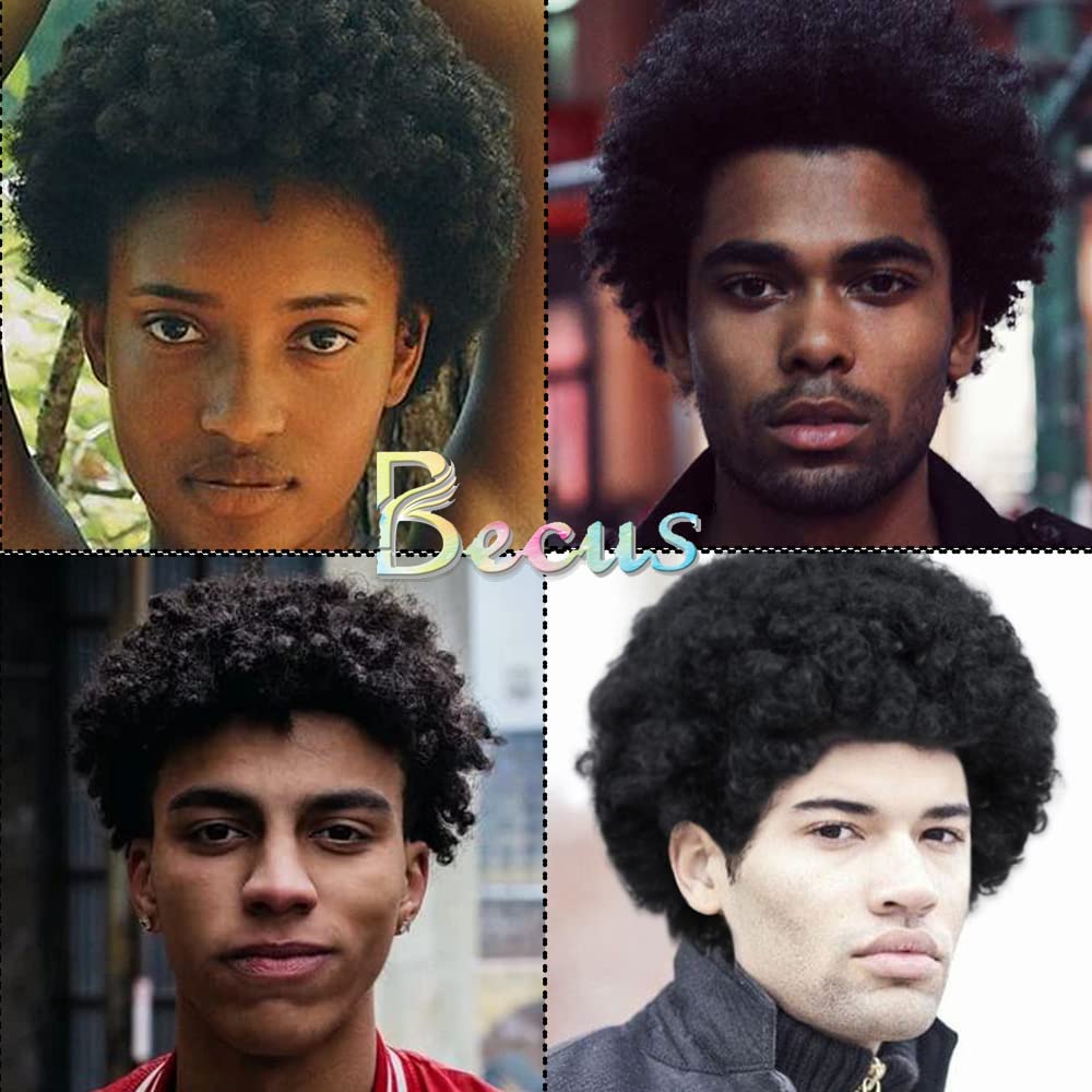 BECUS Afro Wigs for Black Men Short Afro Wigs Men 70's 80's Disco Funny Cosplay Afro Wig African American Full Synthetic Wig (Natural Black #1B)