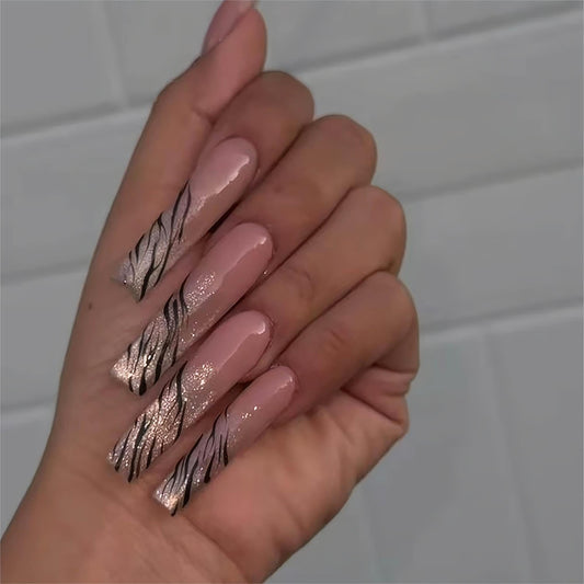 Long Press on Nails Square Fake Nails Silver Glitter French Tip False Nails with Silver Swirl Design Acrylic Nails Long Square Glue on Nail Full Cover Stick on Nail for Women 24Pcs