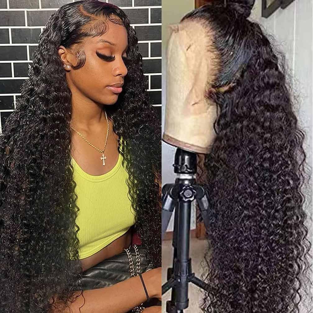 WPPIKK 13x4 Lace Front Wigs Human Hair Pre Plucked Brazilian Water Wave Human Hair Wigs for Black Women Glueless 180 Density Curly Lace Frontal Wig (36 Inch)