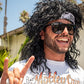 Watt's Wigs - 80s Hair Metal Rocker Costume Set - Glam Rock Band Black Curly Wig with Paisley Print Stretch Fabric Headband, Color Tattoo Sleeve, and Biker Glove - One Size Fits All (Black)