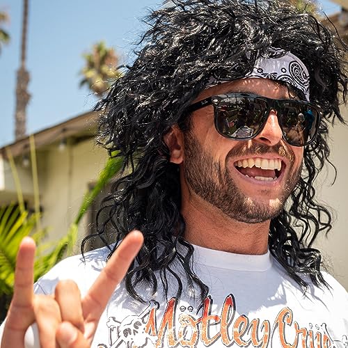 Watt's Wigs - 80s Hair Metal Rocker Costume Set - Glam Rock Band Black Curly Wig with Paisley Print Stretch Fabric Headband, Color Tattoo Sleeve, and Biker Glove - One Size Fits All (Black)