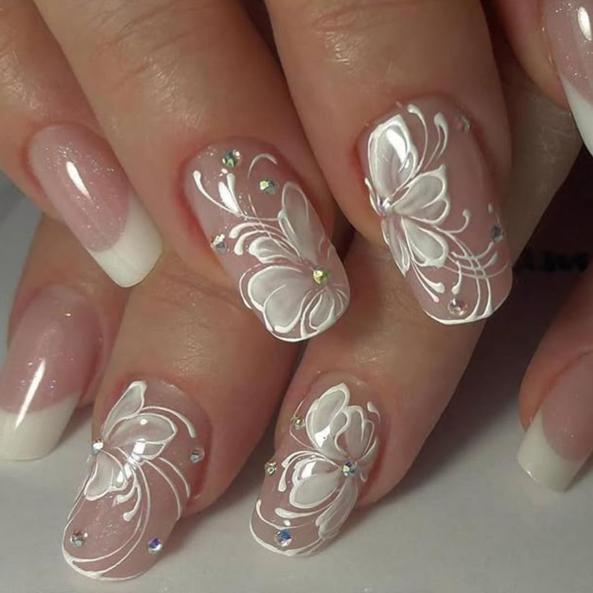 French Press on Nails Medium Square Shape Fake Nails with Butterfly Designs White French Tip Nails Glossy Rhinestone Acrylic Full Cover Stick on Nails for Women Elegant Glue on Nails False Nails 24PCS