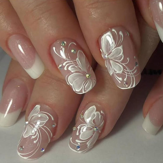 French Press on Nails Medium Square Shape Fake Nails with Butterfly Designs White French Tip Nails Glossy Rhinestone Acrylic Full Cover Stick on Nails for Women Elegant Glue on Nails False Nails 24PCS