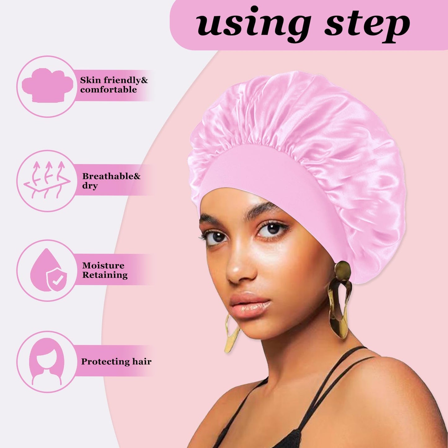 4PCS Satin Hair Bonnet for Sleeping,Bonnets for Black Women Men,Silk Bonnet for Sleeping,Hair Wrap Cap for Curly Hair,Elastic Wide Band Hair Bonnet Shower Cap (Black & Blue & Pink & Purple)