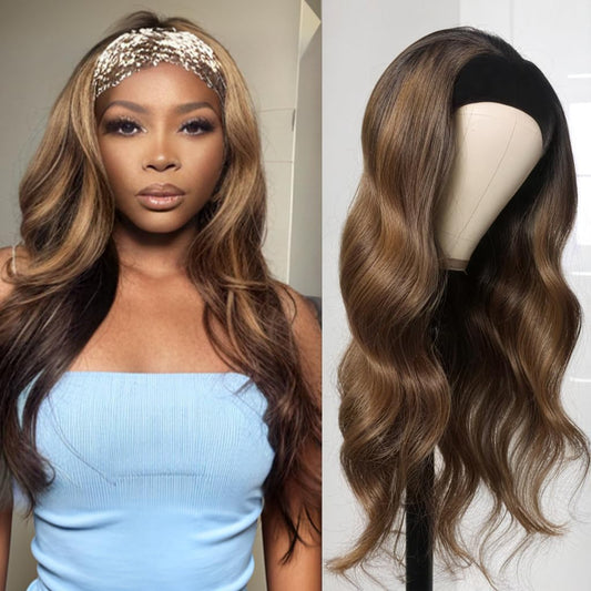 olimaruly Headband Wig Human Hair Body Wave Highlight Ombre 14 inch None Lace Front Wig Honey Blonde Headband Machine Made for Black Women 150% Density
