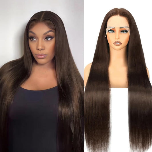 DJFG 36 Inch Chocolate Brown Lace Front Wig Brown Lace Front Wigs Human Hair Pre Plucked 200 Density 13x6 HD Frontal Straight Brown Wig Human Hair Glueless