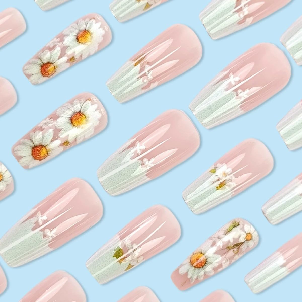 Flower Press on Nails Long White French Tip Nails Coffin Fake Nails with Daisy Designs Glossy Pink Acrylic Ballet Nails Full Cover Summer Flower Nails Glue on Nails Stick on Nails for Women 24PCS