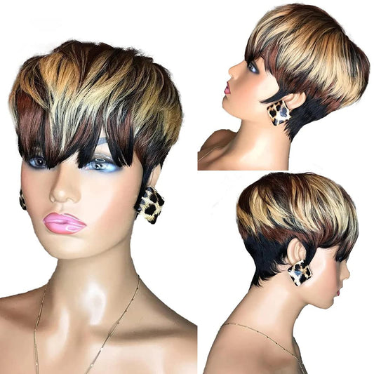 PurpleSexy Chic Elegent Short Layered Pixie Cut Human Hair Wigs With Bangs Pixie Cut Wigs for Black Women Muti Colored 1b/4/27 Daily Use Color Glueless Full Machine Made Wigs(1b/4/27)