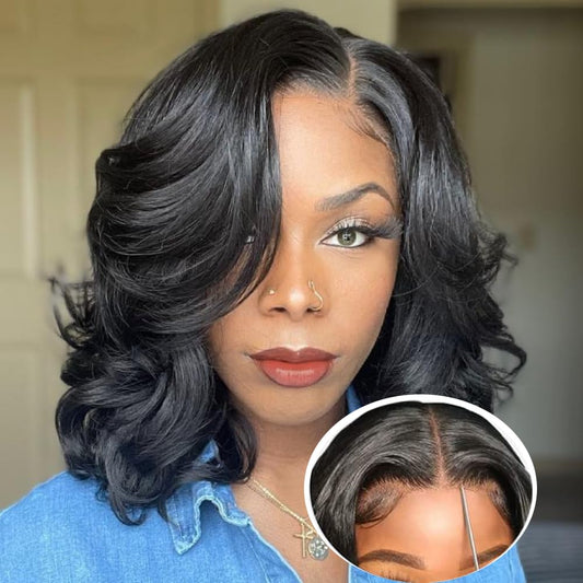BLOCKICE Glueless Bob Wigs Human Hair Pre Plucked Body Wave Wear and Go Glueless Wig Lace Pre Cut 4x4 Lace Closure New Upgraded No Glue Wigs for Black Women Human Hair Natural Hairline 12 Inch