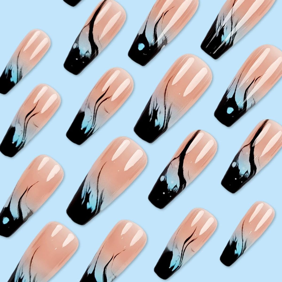 juggssa Press on Nails Long Glossy Blue Ombre Flame Acrylic Nails 24pcs Set with Glue Stick on Nails for Women Spring Summer Manicure Nail Art