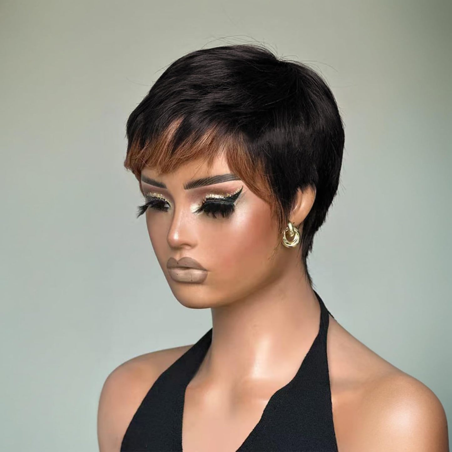 SAEIALL Short Pixie Cut Wig Human Hair for Black Women Black with Brown Layered Short Wig Brazilian Real Human Hair None Lace Frontal Glueless Wigs Easy to Wear Quick Get Up and Go Wigs