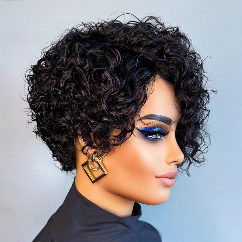 PurpleSexy Chic Elegent Pixie Cut Wigs for Black Women 8inch 180% Density Short Layered Pixie Cut Curly Wigs With Bangs Glueless Brazilian Virgin Curly Human Hair
