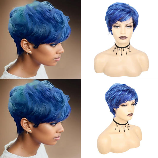 FCHW Short Pixie Cut Hair Wig Short Hairstyles Synthetic Wigs For Women Wave Blue Wigs Heat Resistant Hairpieces Women's Wig