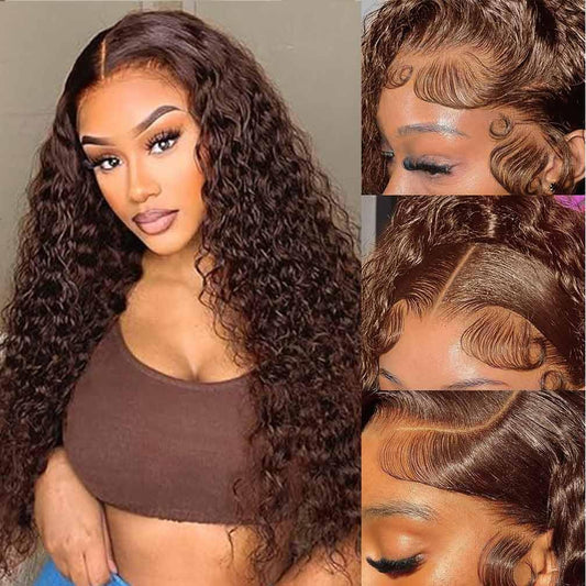 Chocolate Brown Lace Front Wigs Human Hair Pre Plucked 180 Density Brazilian Wet and Wavy Human Hair Wigs for Black Women Colored Curly 13x4 Lace Frontal Wig (Brown Color, 24 Inch)
