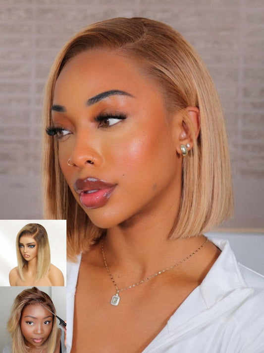 Nadula 13X4 HD Ombre Blonde Highlight Bob Straight Drawstring Wig Human Hair With Brown Roots - Pre Everything Glueless Ombre Bob Lace Front Wig with Ear Tape - Ready to Go Short Ombre Bob Wig 10inch