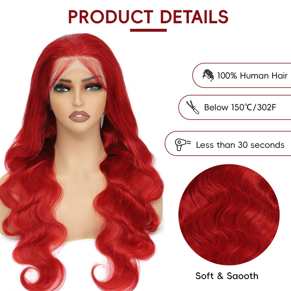 Red Lace Front Wigs Human Hair Pre Plucked 200% Density Red Wig Human Hair Body Wave Lace Front Wigs Human Hair 13x4 HD Lace Frontal Wig Colored Human Hair Wig Glueless Wigs 24 Inch