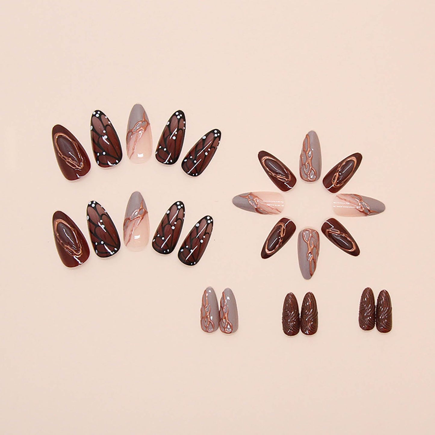 RTKHFZE Medium Buttterfly Press on Nails Almond Fake Nails with Design Brown Butterfly Press on False Nails Full Cover Fall Nails for Women 24Pcs
